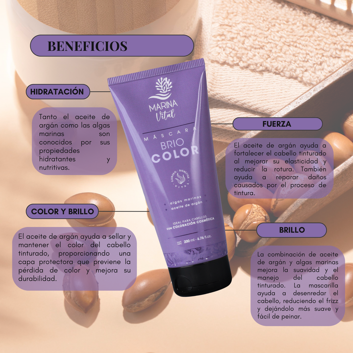 Mascarilla Marina Vital Briocolor Cabello tinturado Argan y Algas marinas 200 ml.