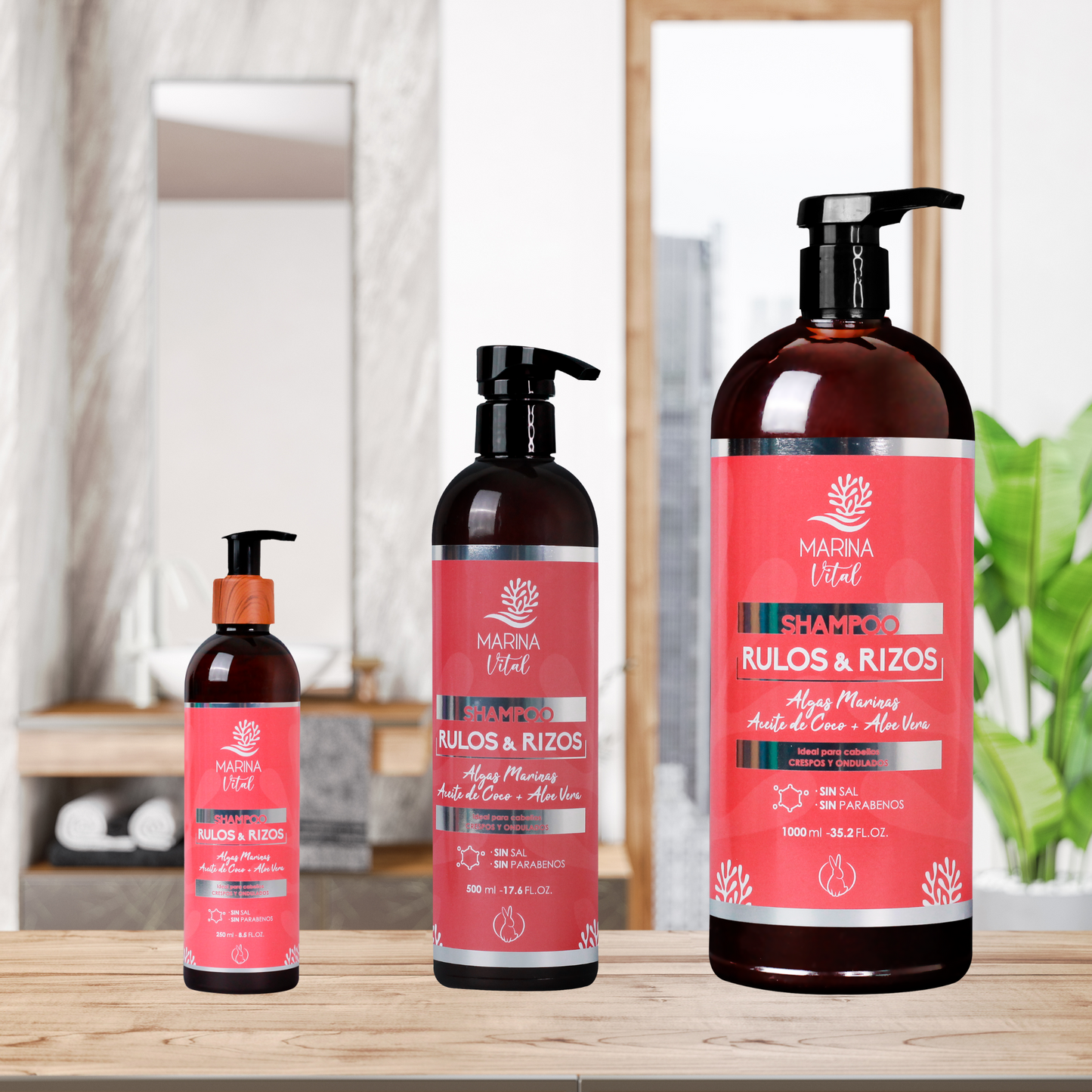 Shampoo Marina Vital Rulos y Rizos Algas, Coco Y Aloe Vera 500 ml 1000 ml