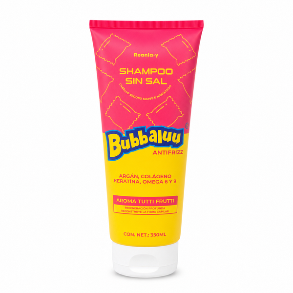 Shampoo Bubbaluu Antifrizz aroma a tutti fruti con Q10, biotina y argán 330 ml.