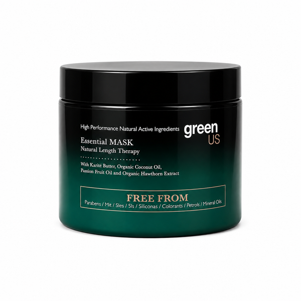 Mascarilla Essential Mask GreenUs aceite de karité, coco orgánico, pasiflora y extracto de espino blanco, sin parabenos, siliconas, PPD 250 ml.