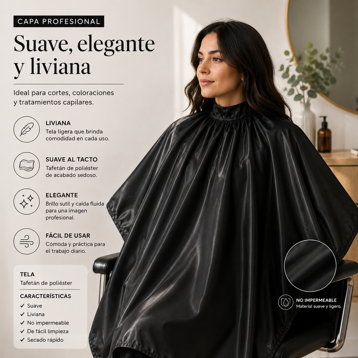 Capa de Tafetán Negra para Peluquería | Ligera y Profesional con Velcro