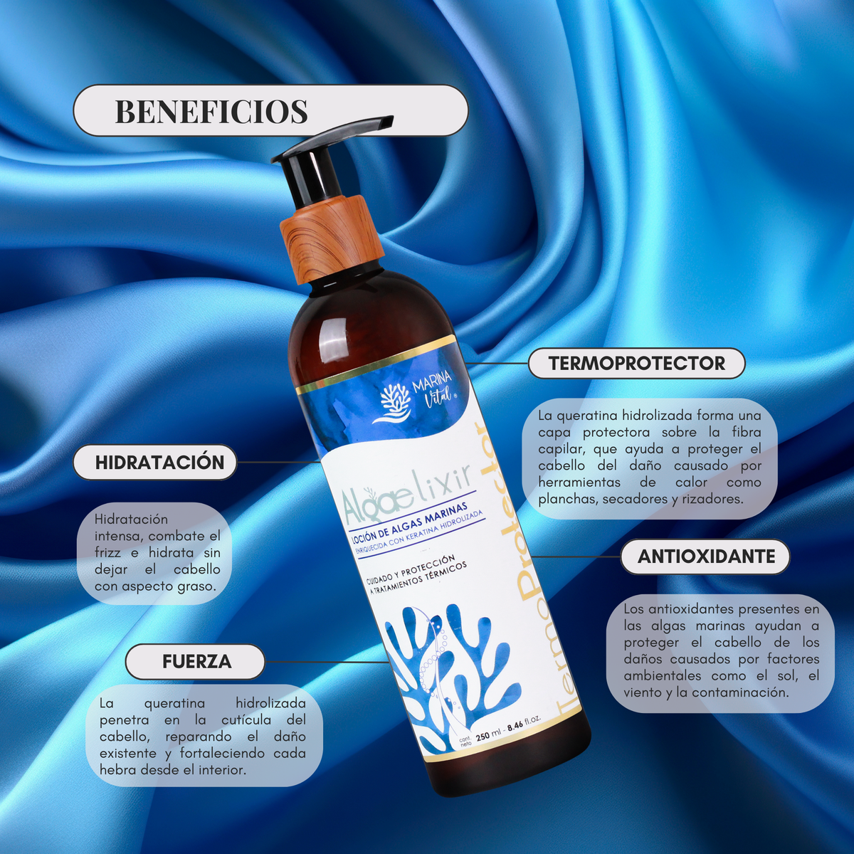 Hidrogel Marina Vital Algaelixir Termoprotector con algas y keratina hidrolizada 250 ml.
