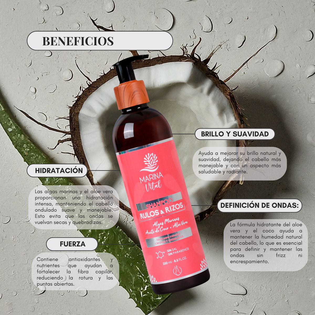 Shampoo Marina Vital Rulos y Rizos Algas, Coco Y Aloe Vera 500 ml 1000 ml