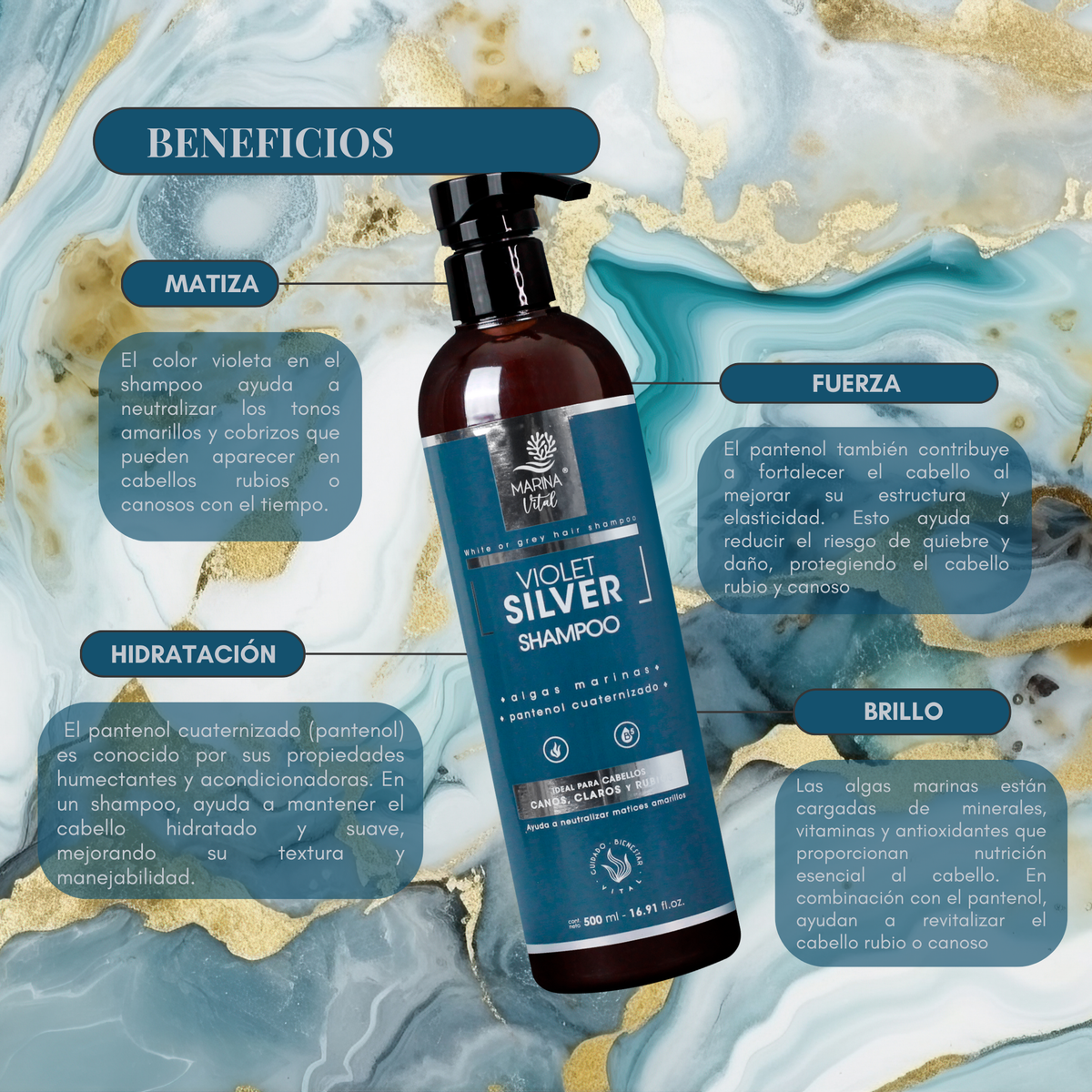 Shampoo Marina vital Rubios y canas Pantenol y algas 500 ml.