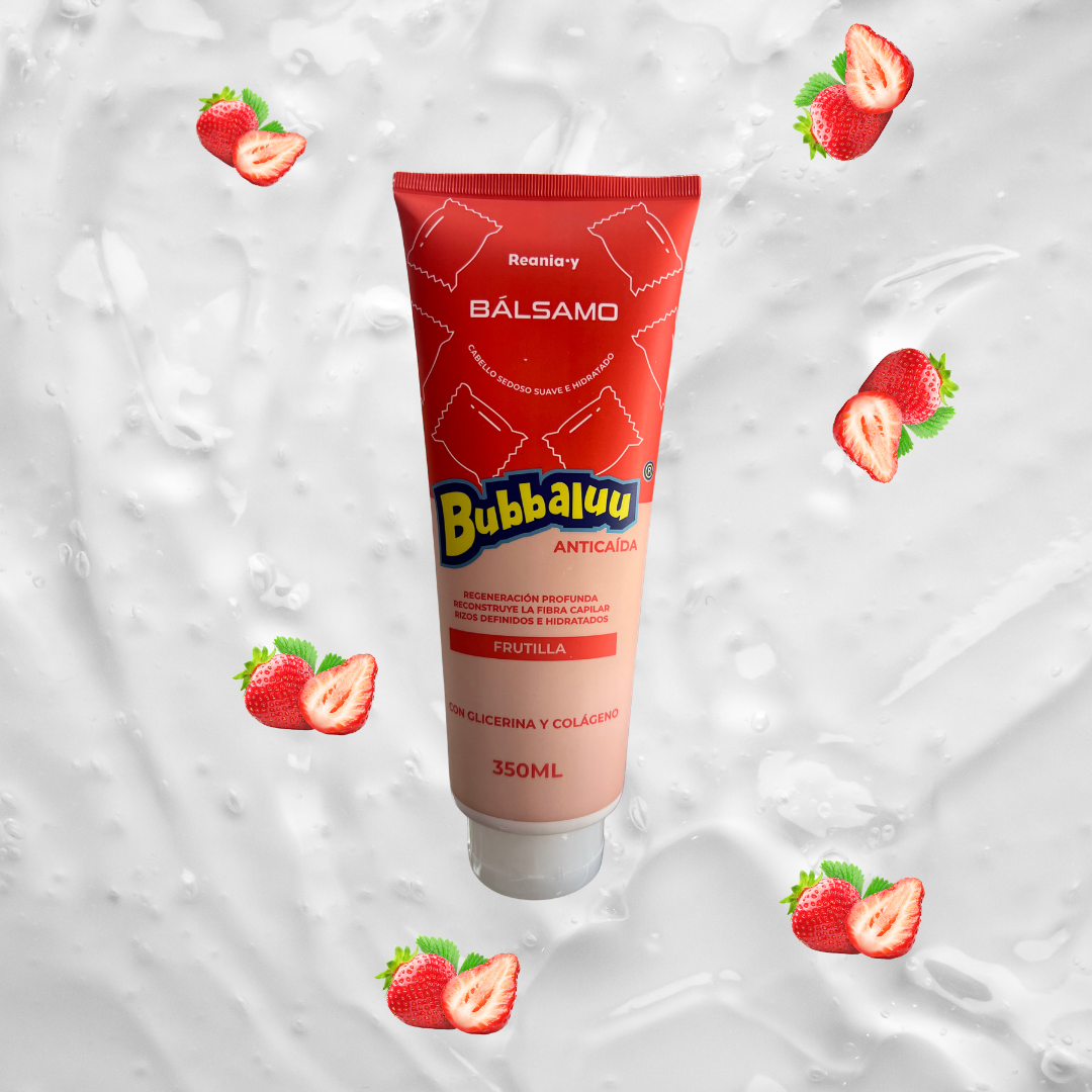 Bálsamo antifrizz Bubbaluu aroma a frutilla con glicerina y colágeno 300 ml.