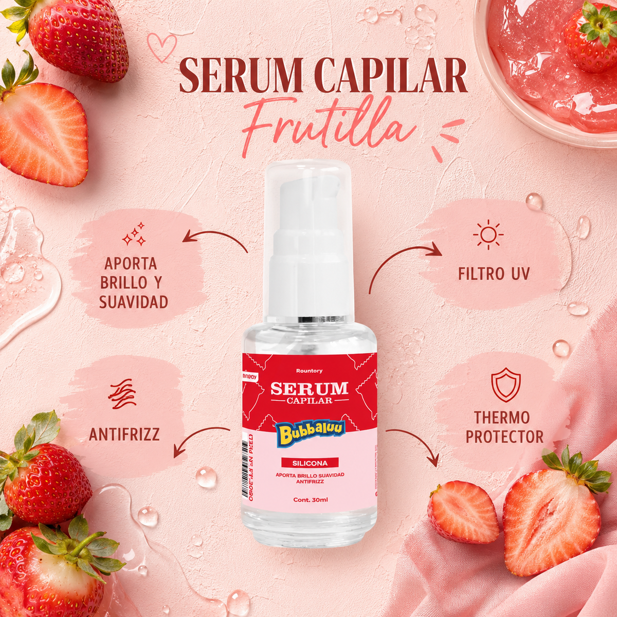 Serum capilar Bubbaluu con filtro UV, antifrizz y suavidad Aroma Frutilla 30 ml.