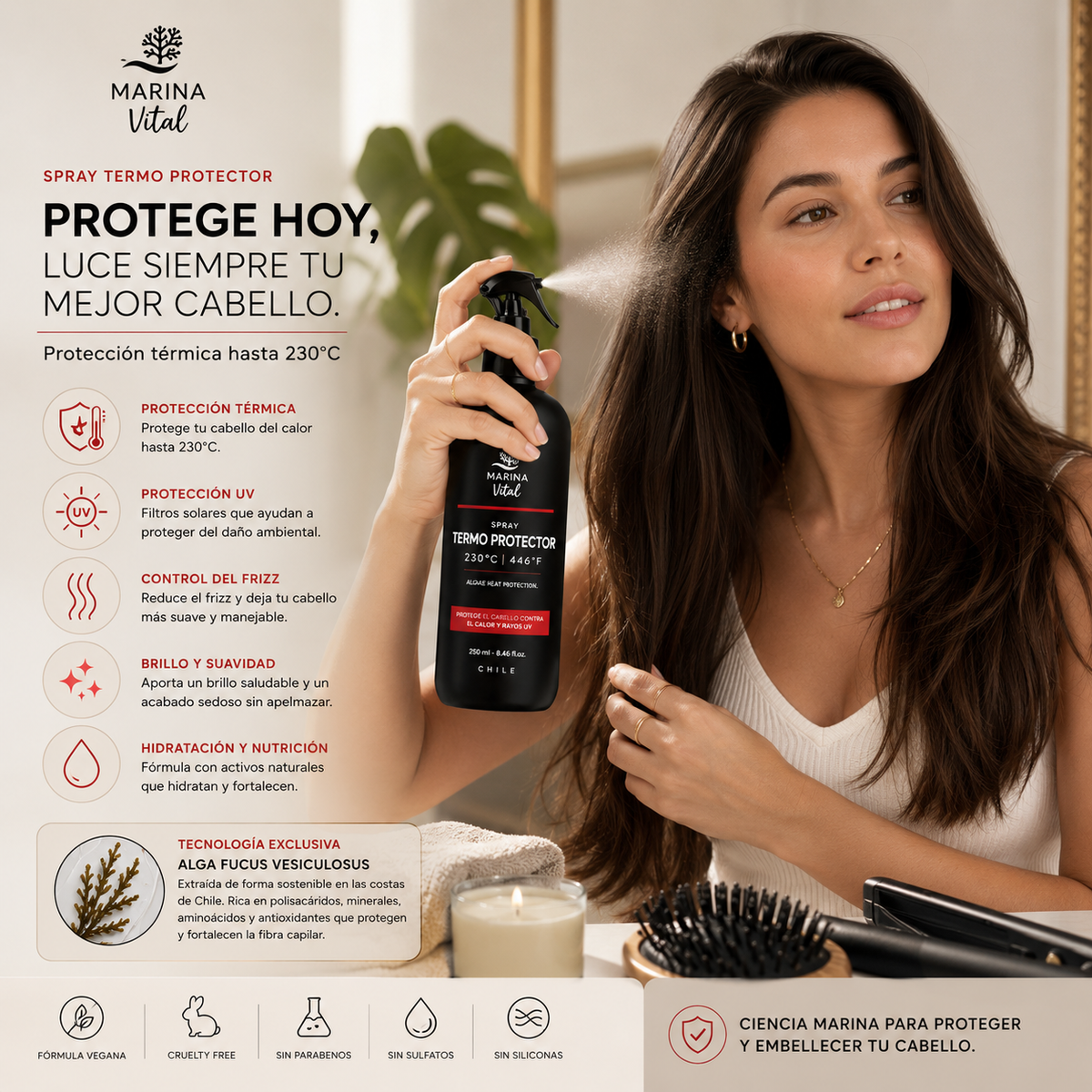 Protector Térmico Marina Vital 250 ml | Protección contra el Calor, Frizz y Rayos UV