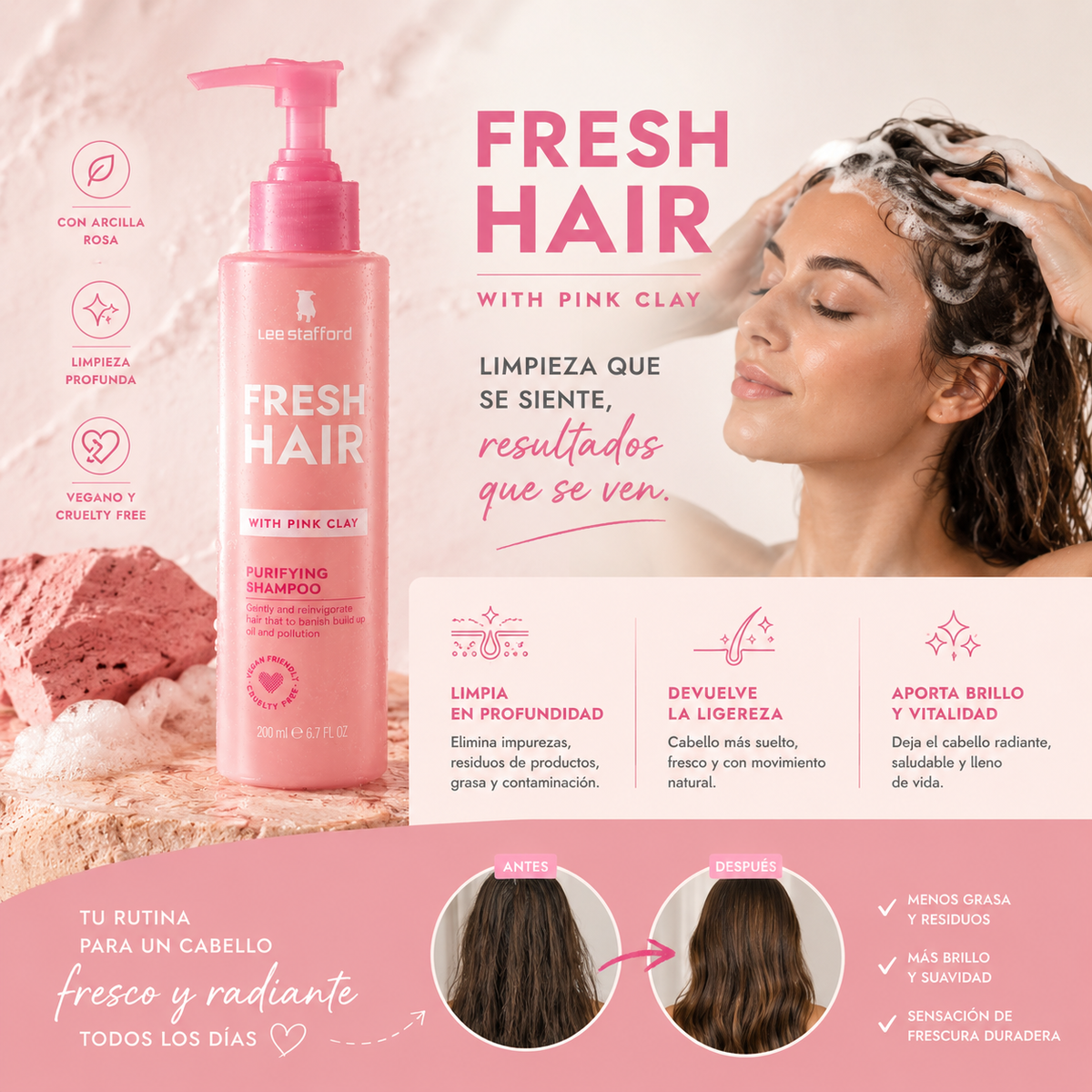 Shampoo Detox Capilar Arcilla Rosada Lee Stafford 200 ml.