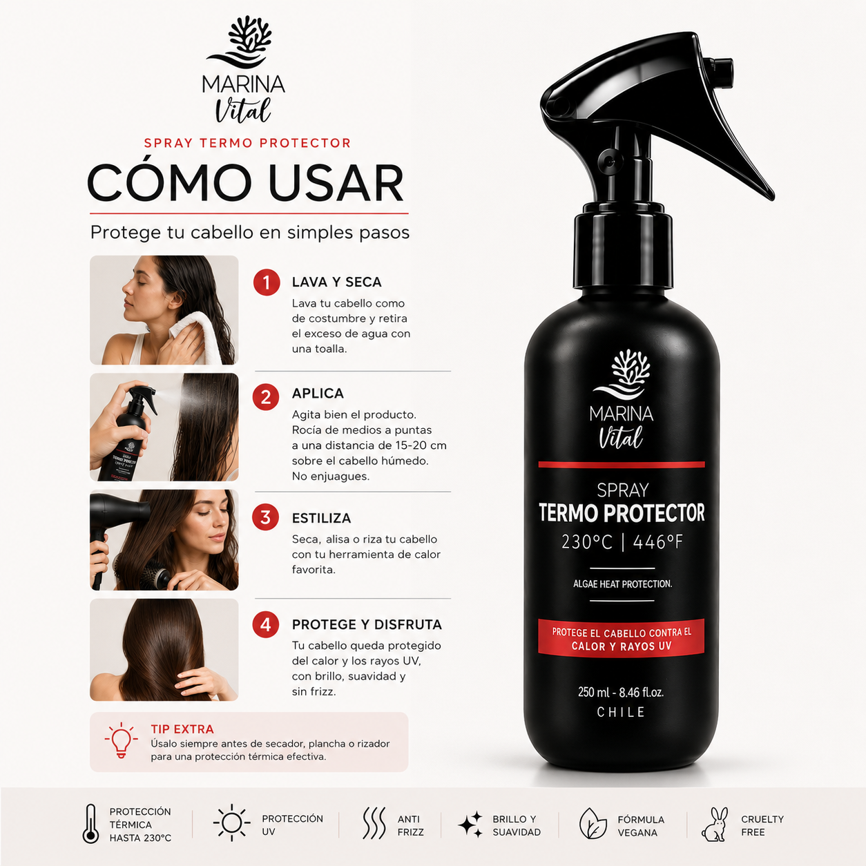 Protector Térmico Marina Vital 250 ml | Protección contra el Calor, Frizz y Rayos UV