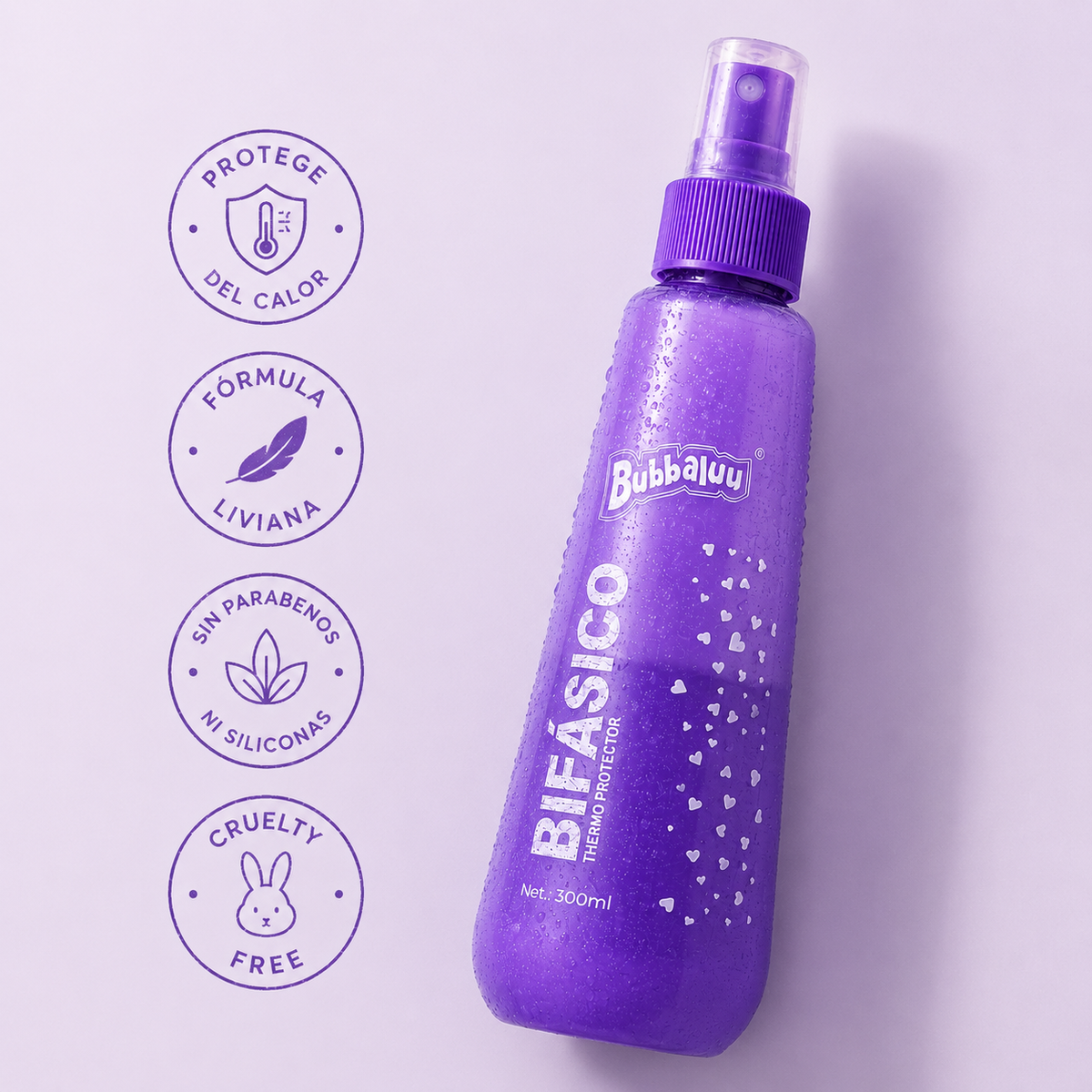 Termo Protector Bifásico Bubbaluu Aroma Uva 300 ml | Protector Térmico Antifrizz con Protección UV