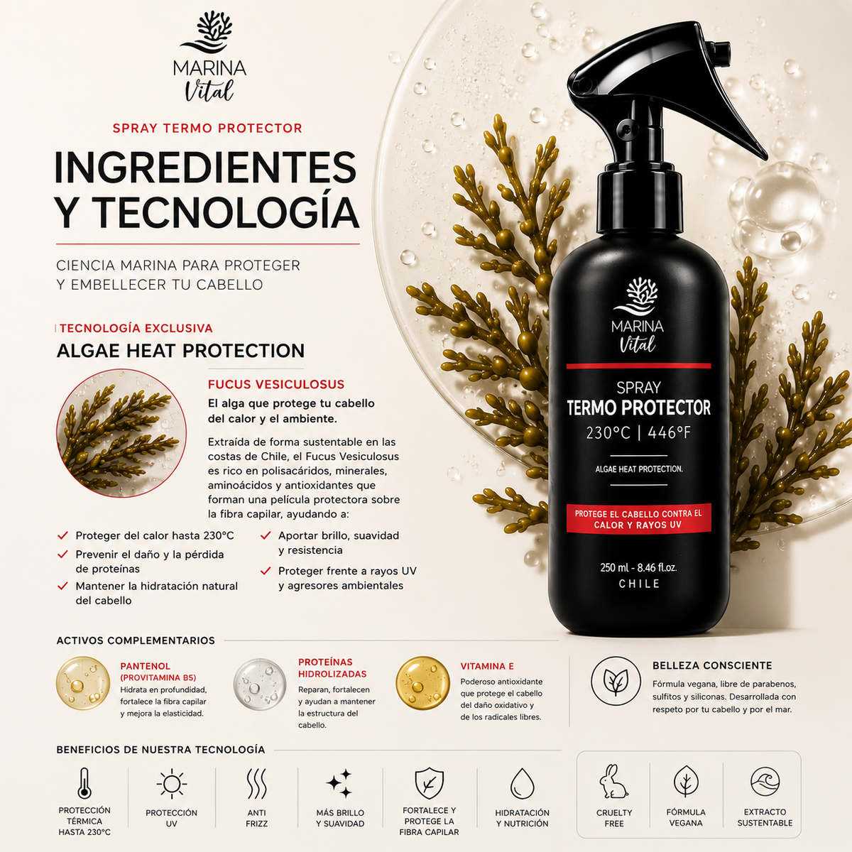 Protector Térmico Marina Vital 250 ml | Protección contra el Calor, Frizz y Rayos UV