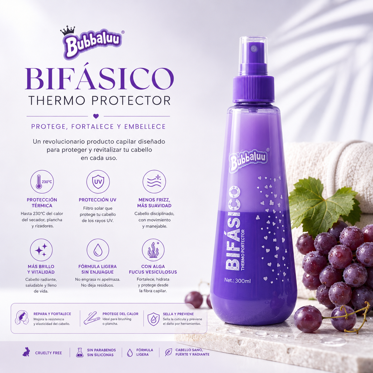 Termo Protector Bifásico Bubbaluu Aroma Uva 300 ml | Protector Térmico Antifrizz con Protección UV
