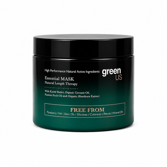 Mascarilla Essential Mask GreenUs aceite de karité, coco orgánico, pasiflora y extracto de espino blanco, sin parabenos, siliconas, PPD 250 ml.