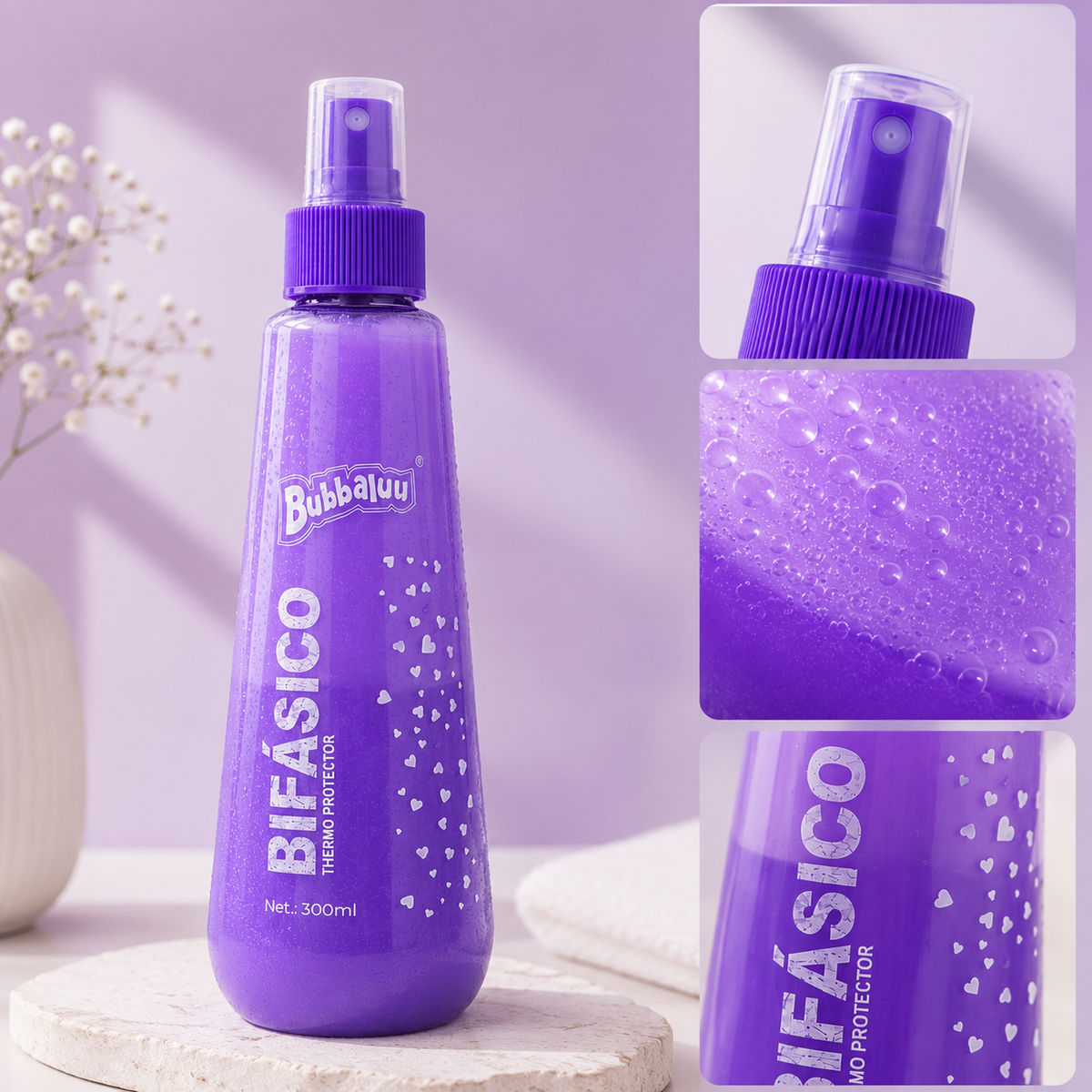Termo Protector Bifásico Bubbaluu Aroma Uva 300 ml | Protector Térmico Antifrizz con Protección UV