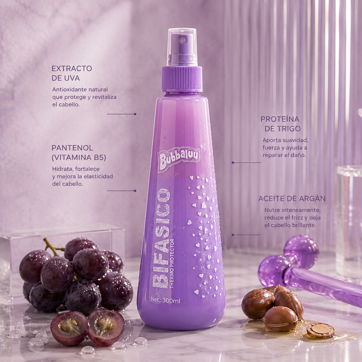 Termo Protector Bifásico Bubbaluu Aroma Uva 300 ml | Protector Térmico Antifrizz con Protección UV