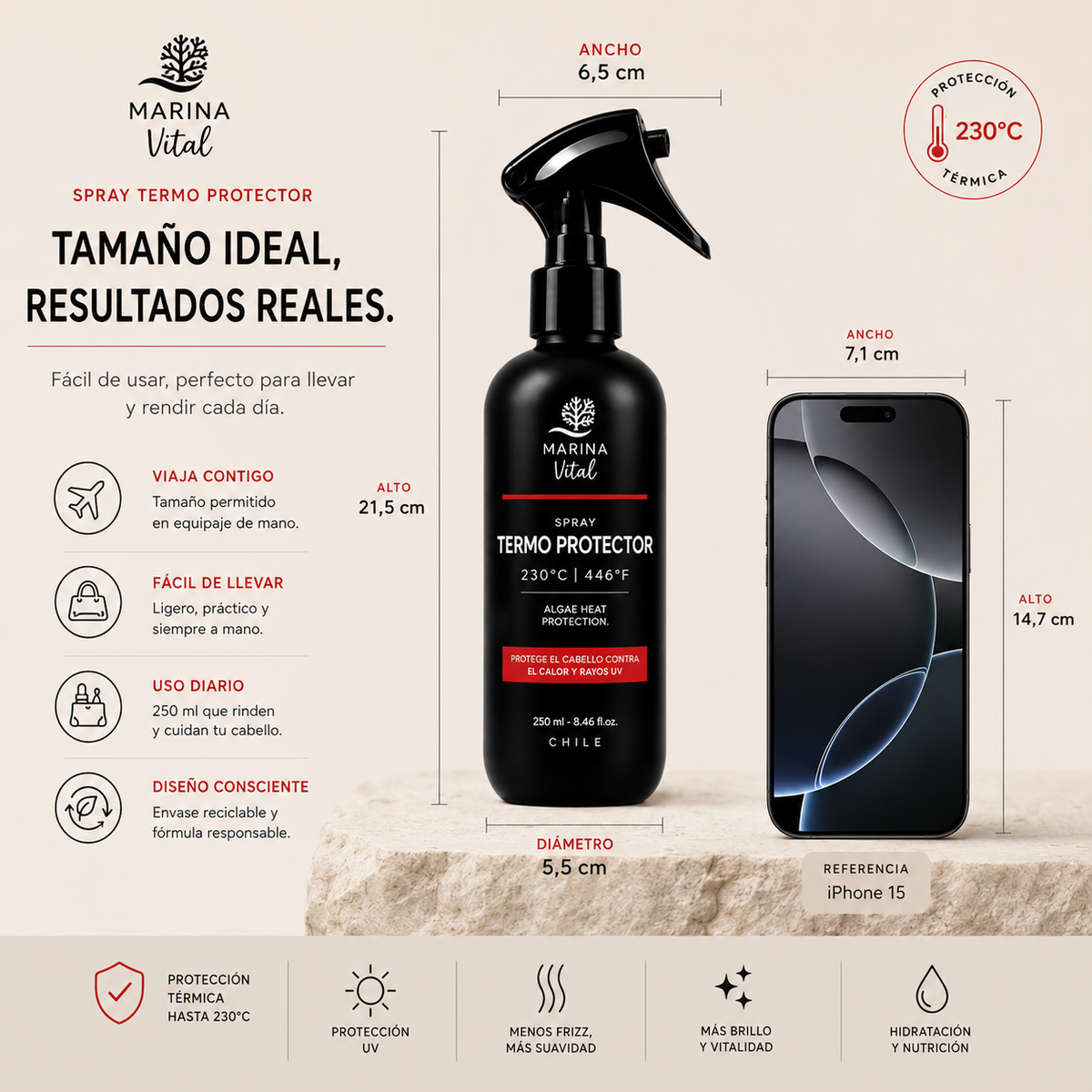 Protector Térmico Marina Vital 250 ml | Protección contra el Calor, Frizz y Rayos UV