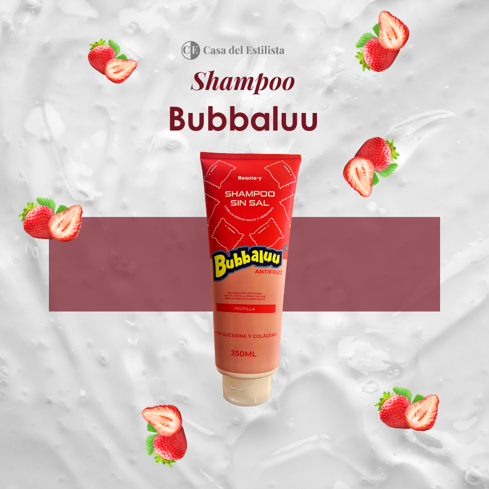 Shampoo Bubbaluu Antifrizz aroma a frutilla con glicerina y colágeno 330 ml.